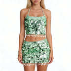 Y2K Sequined Halter 2 Piece Outfit for Women Tassel Trim Crop Top+Mini Skirt Set Sparkly Clubwear Rave Party Festival Nightclub