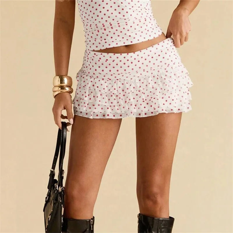 VacationGrabs Polka Dot Mini Skirt for Women Low Rise Tiered Layered Ruffle Y2K Pleated Skirt Flowy A Line Short Skirts