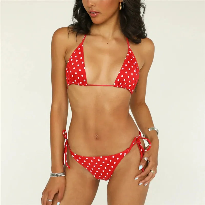 VacationGrabs Women Polka Dot Striped Bikini Set Halter Triangle Top Side Tie Bottom 2 Piece Swimsuit Beachwear Summer Bathing Suit
