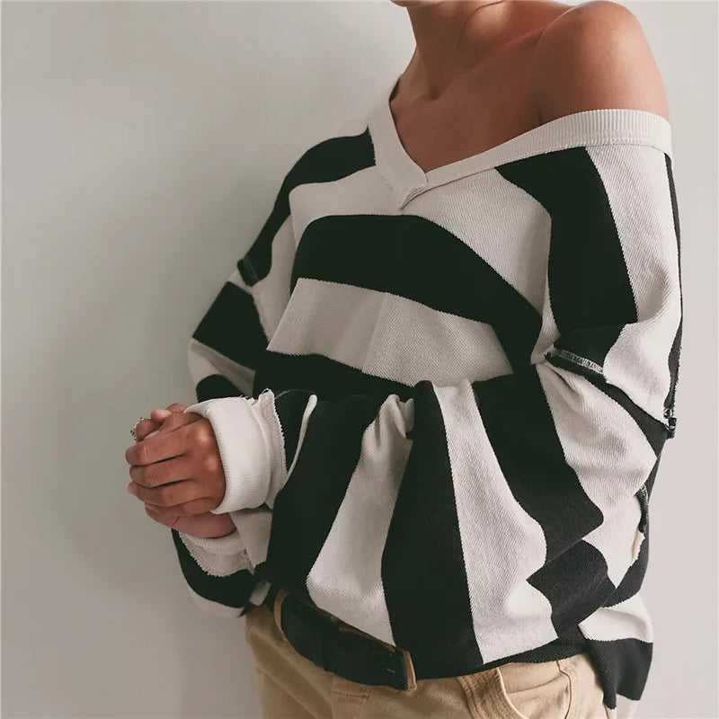 VacationGrabs Oversized Striped V Neck Raw Hem Cropped Sweatshirt Women Loose Long Sleeve Pullover Winter Autumn Casual Streetwear