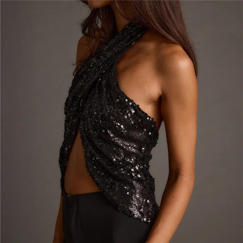 VacationGrabs Women's Summer Halter Neck Tops Sparkly Sequin Sleeveless Open Back Slim Fit Vest for Party Club Night Wear