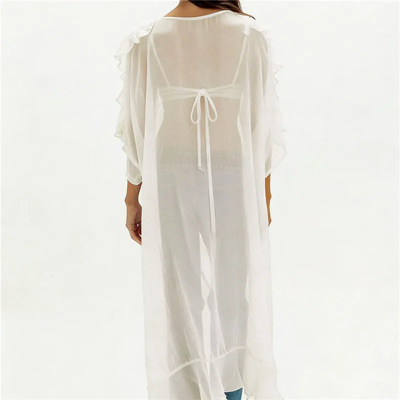 Women Lace Mesh Tie Front Maxi Top Ruffled Long Sleeve Sheer Cardigan See Through Flowy Kimono Cover Up Shirt