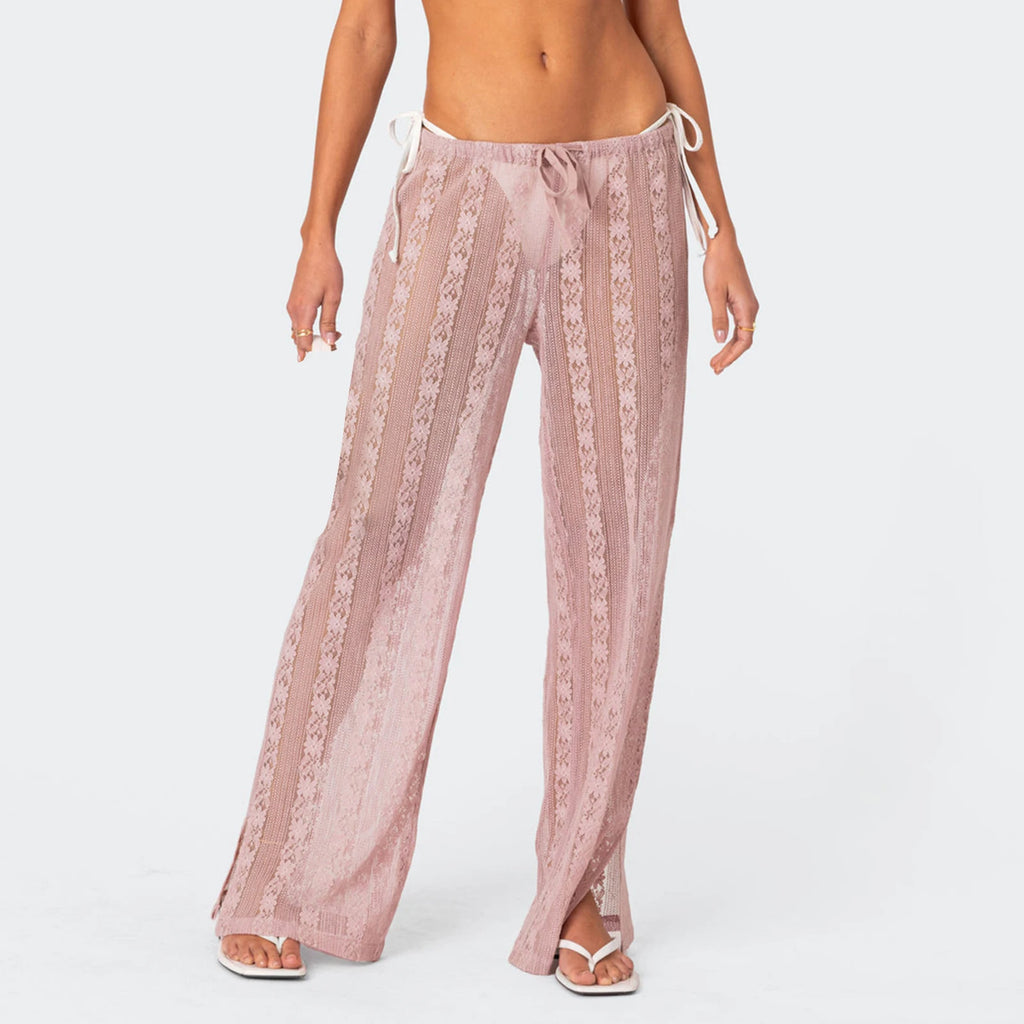 VacationGrabs Women's Summer Sheer Beach Long Pants Casual Drawstring Waist Wide Leg Lace Floral See Through Pants Beachwear