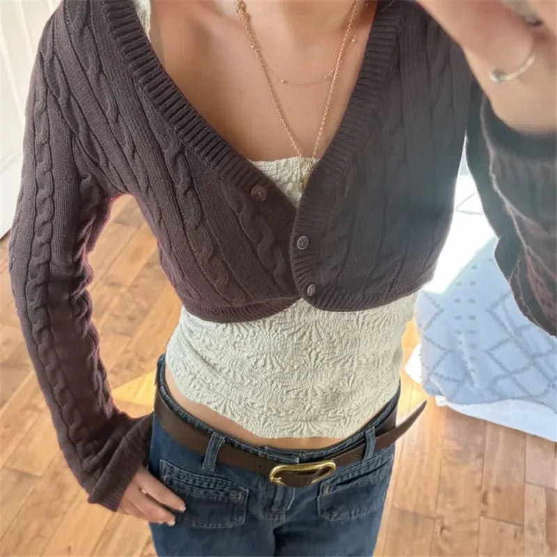 VacationGrabs Women Y2K Cable Knit Cropped Bolero Cardigan V Neck Button Long Sleeve Super Short Knit Shrug Sweater Outerwear Tops