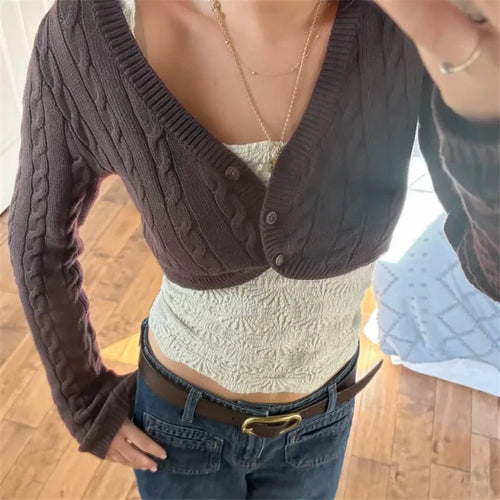 hirigin Women Y2K Cable Knit Cropped Bolero Cardigan V Neck Button Long Sleeve Super Short Knit Shrug Sweater Outerwear Tops