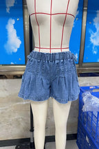 VacationGrabs Women Y2K Retro Pleated Denim Shorts High Waist Elastic Waist Wide Leg Casual Shorts with Drawstring Pockets Streetwear