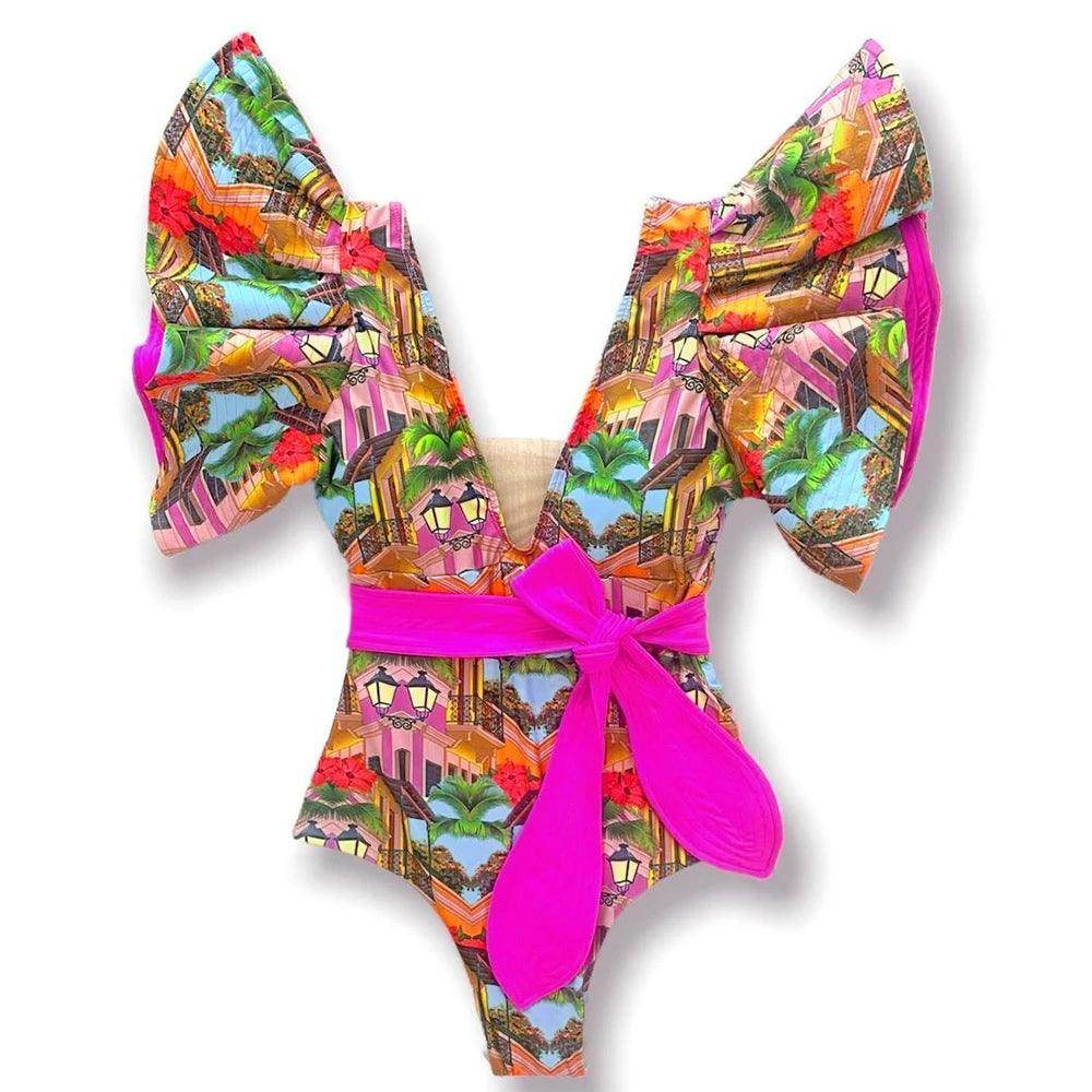 Women's Ruffle Sleeve Deep-V Bathing Suit - VacationGrabs