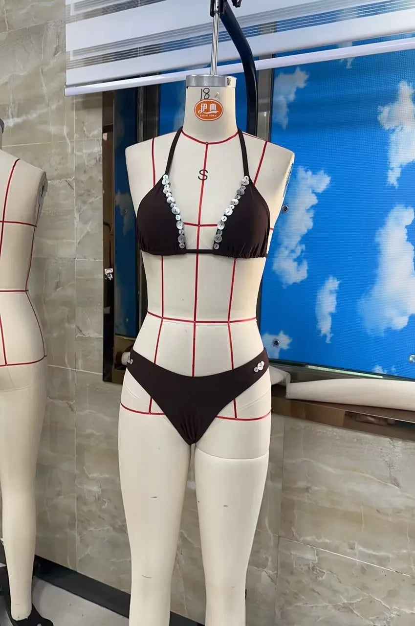 VacationGrabs Women's Summer Bikini Set Fashionable Button Decor Halter Bra with Thong 2Pcs Swimming Pool Bathing Suit