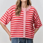 VacationGrabs Women Contrast Stripe Plush Mohair Knit Cardigan Round Neck Button Front Half Sleeve Loose Fit Cropped Knit Jacket Fall