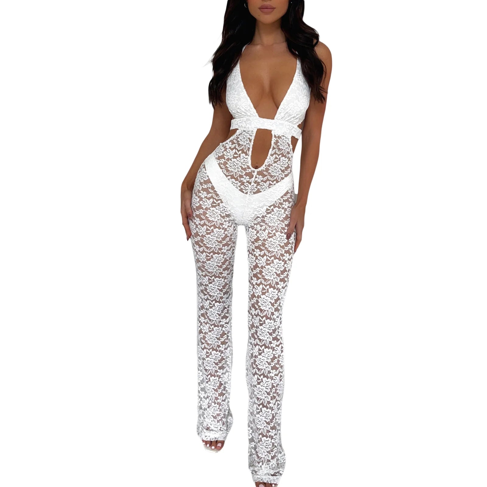 VacationGrabs Women Sexy See Through Long Pant Jumpsuit Chic Deep V Neck Floral Lace Romper Cut Out Mesh Outfits Playsuit Streetwear