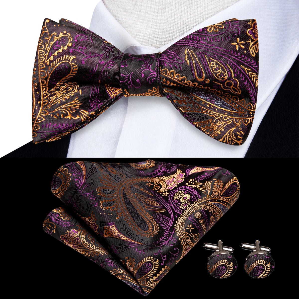 Elegant Mens Bow Tie Set with Cufflinks - Various Colors