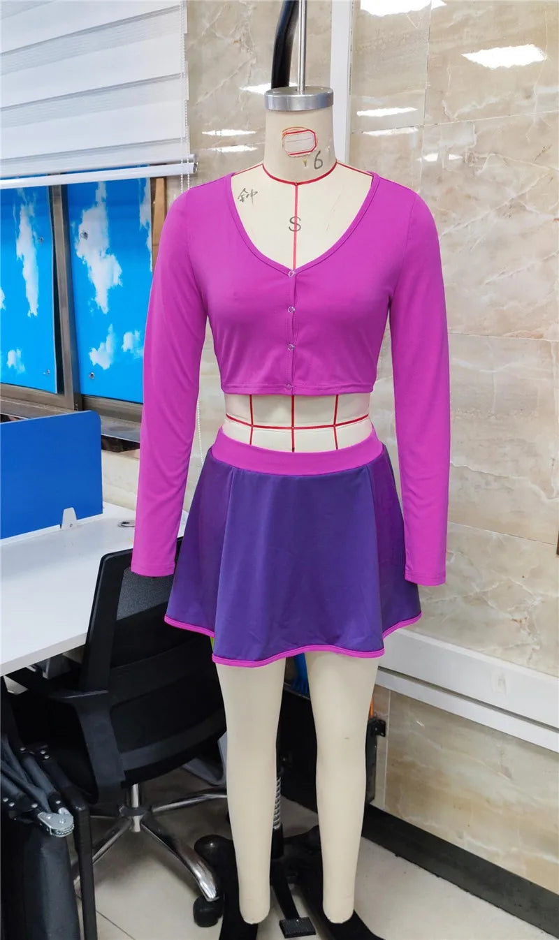 VacationGrabs Cartoon Daphne Cosplay Two Piece Outfit Long Sleeve Crop Top Pleated Mini Skirt Women Halloween Role Play Costume