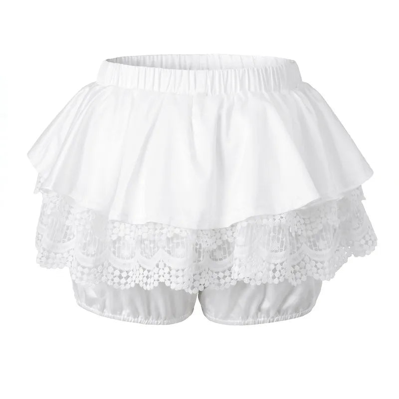 VacationGrabs Lolita Sweet Lace Layered Bloomers Women Elastic High Waist Ruffle Fake Two Piece Skort Lace Hem Casual Cute Short Pants
