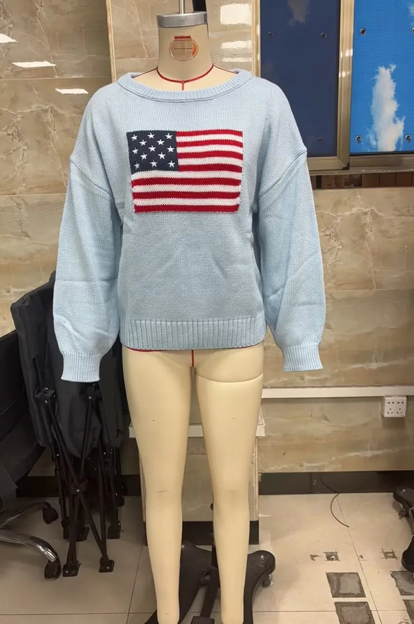 VacationGrabs Off Shoulder American Flag Knit Sweater for Women Long Sleeve Oversized Fit Casual Streetwear Pullover for Fall Winter