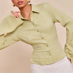 VacationGrabs Women Button Down Bodycon Shirts V Neck Lapel Collared Long Sleeve Fitted Shirt Vintage Fall Outgoing Blouse Tops
