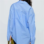 VacationGrabs Women Spring Button Down Shirt Pinstripe Loose Fit Long Sleeve Button Up Shirt Wide Collar Casual Tops Workout Shirts