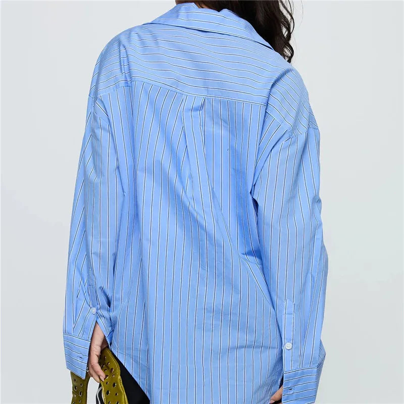 VacationGrabs Women Spring Button Down Shirt Pinstripe Loose Fit Long Sleeve Button Up Shirt Wide Collar Casual Tops Workout Shirts