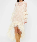 Women Boho Lace Maxi Dress Long Sleeve Ruffle Asymmetrical Hem Sheer Mesh Floral Lace Beach Wedding Guest Vacation Party Dress