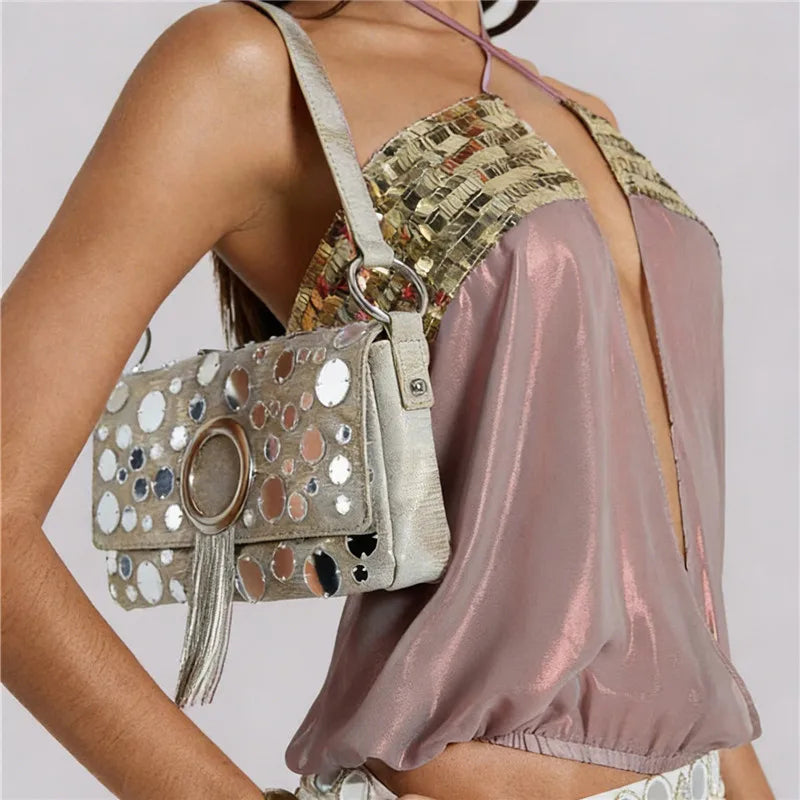 VacationGrabs Summer Sheer Backless Tie Up Halter Camis Sequin Patchwork Split Front Crop Top Sexy Women Beach Sleeveless Shirt Vest
