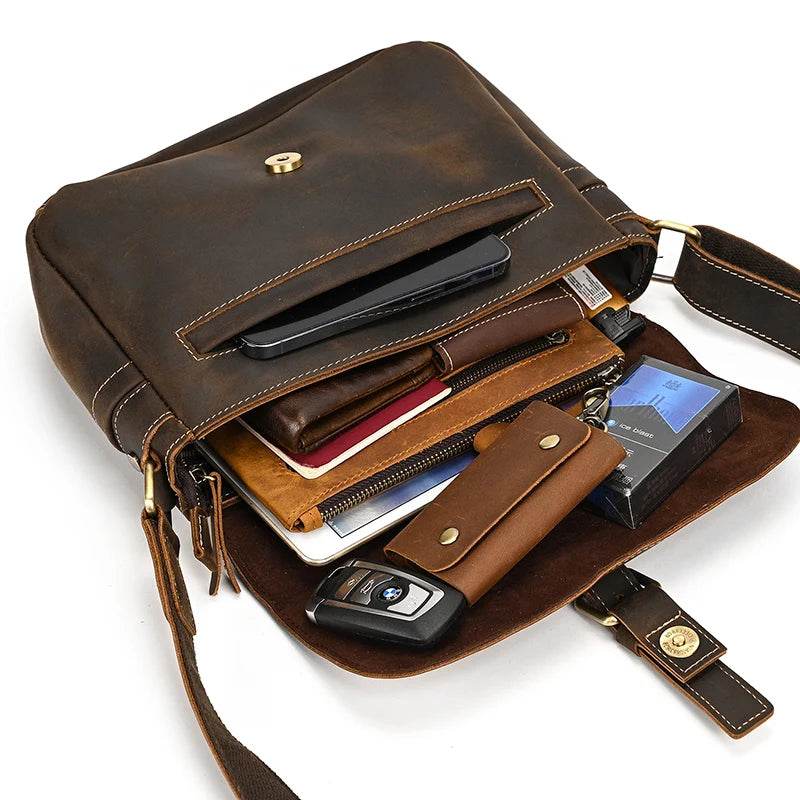 Cowhide Men’s Crossbody Bag Vintage Leather School Messenger Bag - VacationGrabs