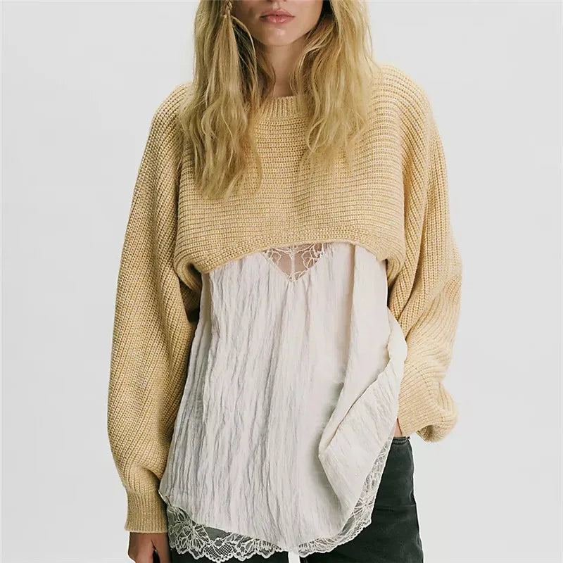 VacationGrabs Women's Cropped Knit Shrug Sweater Open Back Round Neck Long Lantern Sleeve Loose Short Knit Top Streetwear Pullover