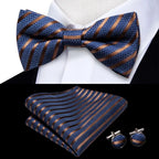 Navy blue bow tie silk with brown stripes, ideal for formal events