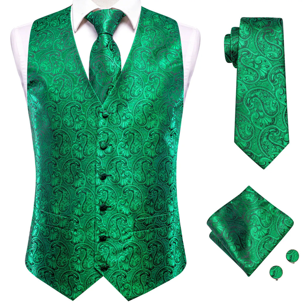Green paisley necktie with matching vest and pocket square, formal wear