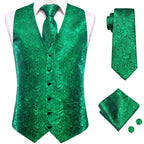 Green paisley necktie with matching vest and pocket square, formal wear