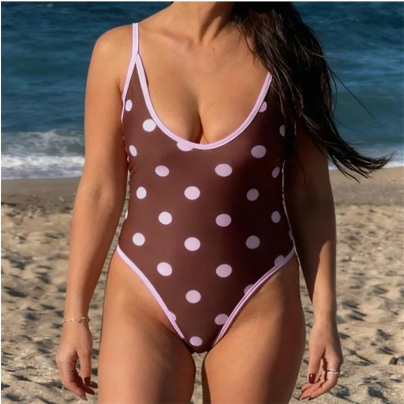 VacationGrabs Women's Summer Swimsuit Y2K Dots Print Sleeveless Adjustable Spaghetti Strap Bodysuit Bathing Suit Beachwear