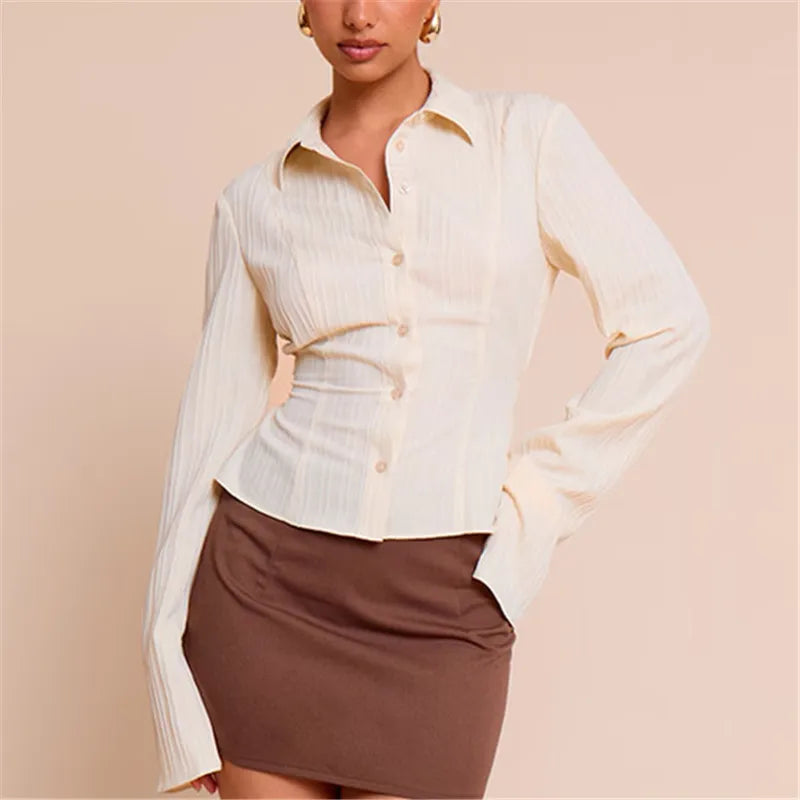 VacationGrabs Women Button Down Bodycon Shirts V Neck Lapel Collared Long Sleeve Fitted Shirt Vintage Fall Outgoing Blouse Tops