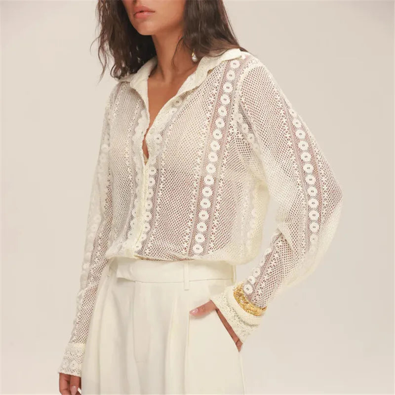 VacationGrabs Vintage Long Sleeve Blouses Summer Casual Elegant Ladies Blusas Boho Beach Hollow Out Lace Blouse Shirt for Women Top
