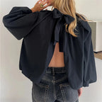 VacationGrabs Women Backless Bow Tie Blouse Stand Collar Puff Long Sleeve Pleated Loose Cropped Shirt Solid Casual Daily Going Out Top