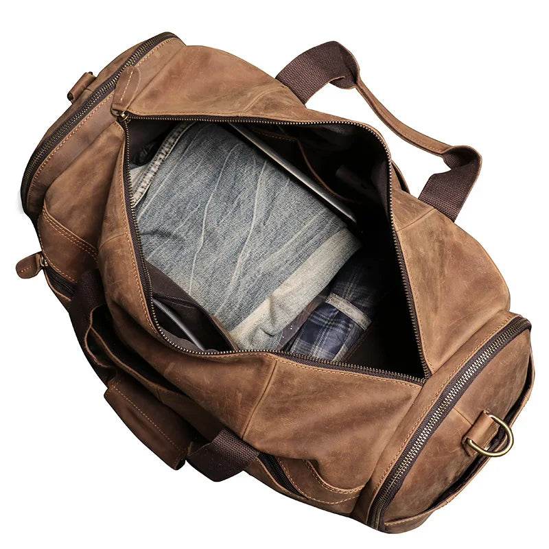 Vintage Genuine Leather Travel Bag Crazy Horse Weekend Luggage - VacationGrabs