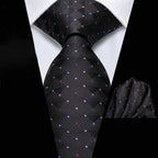 Black silk tie with purple pattern, perfect for learning how to tie men's tie
