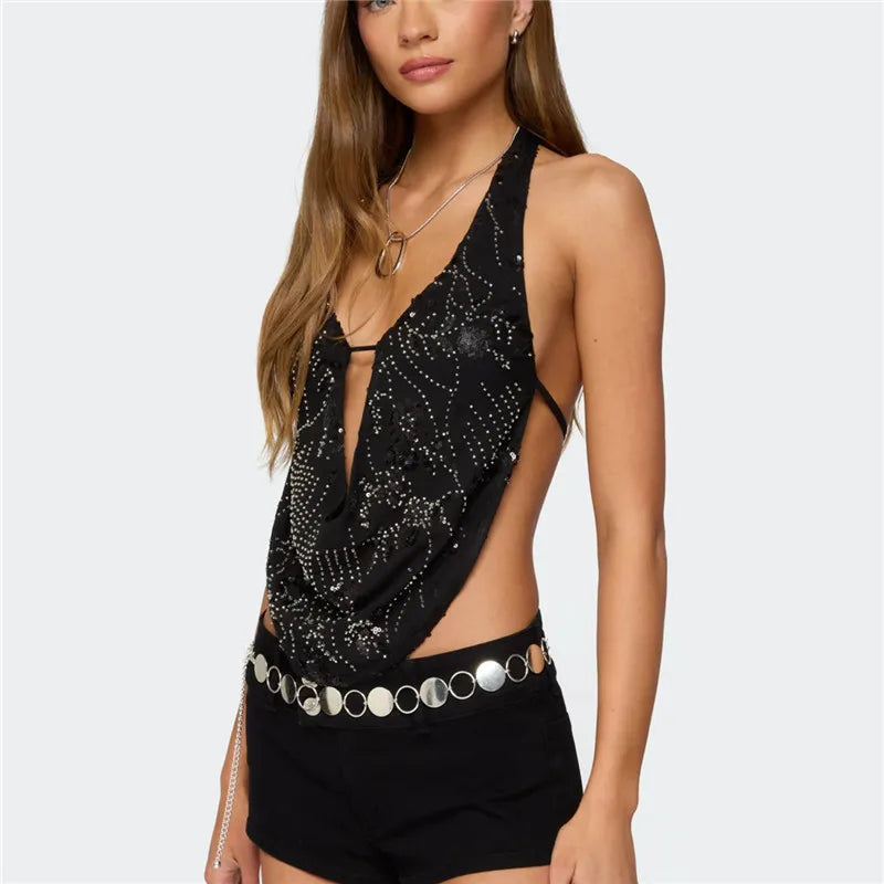 VacationGrabs Women Beaded Tank Top Sequin Cami Top Rhinestone Sparkle Halter Sleeveless V Neck Camisole Sexy Crop Top Party Clubwear