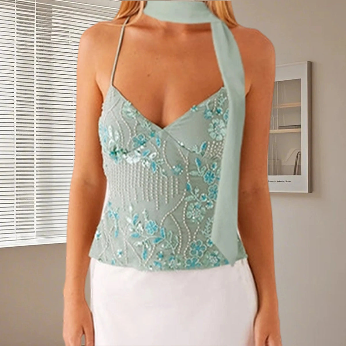 Sequin Beaded Backless Crop Tank Top with Scarf