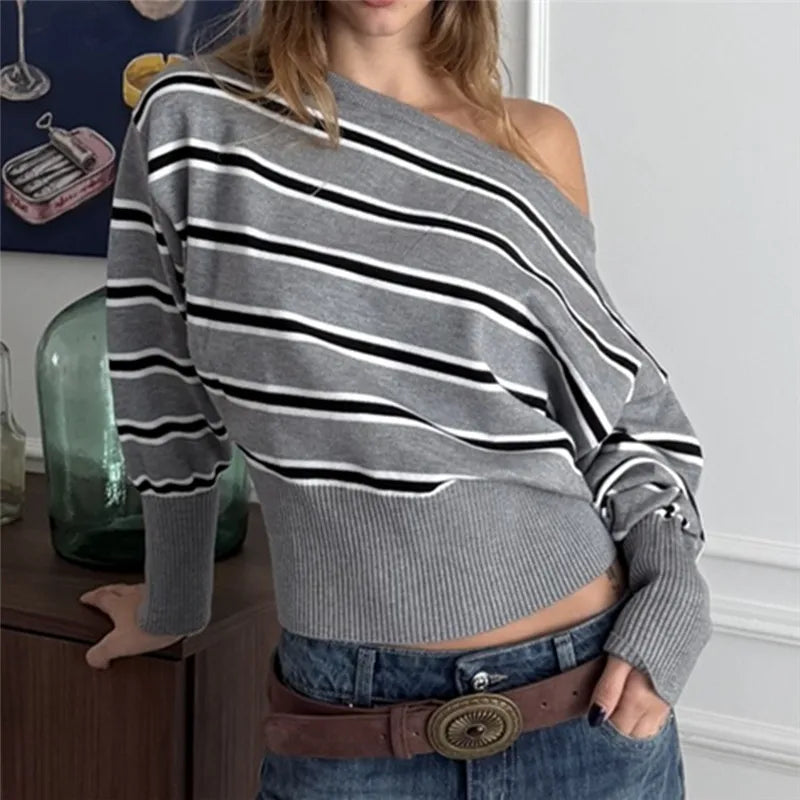 VacationGrabs Vintage Stripe Asymmetrical One Shoulder Knit Top Women Batwing Sleeve Ribbed Hem Cropped Sweater Winter Fall Streetwear