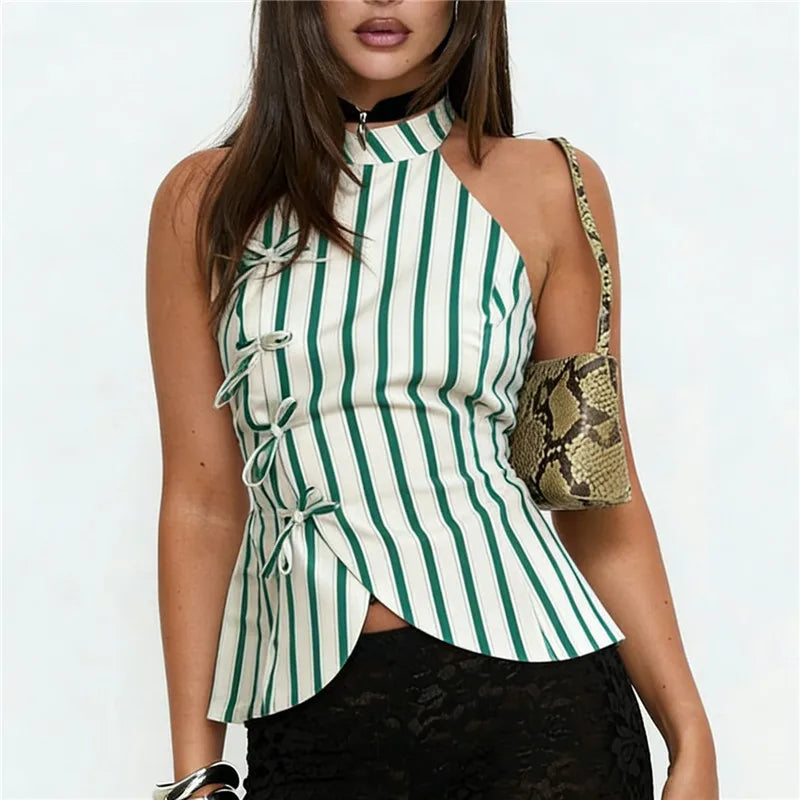 VacationGrabs Women's Oriental Striped Halter Neck Top Chinese Knot Button Side Asymmetric Hem Backless Summer Casual Blouse
