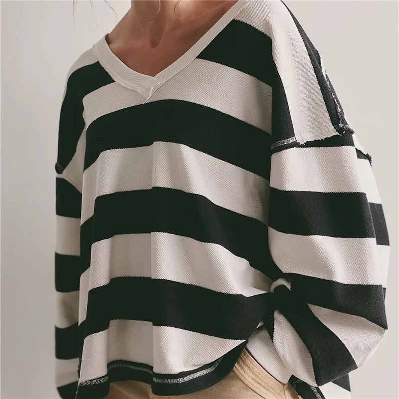 VacationGrabs Oversized Striped V Neck Raw Hem Cropped Sweatshirt Women Loose Long Sleeve Pullover Winter Autumn Casual Streetwear