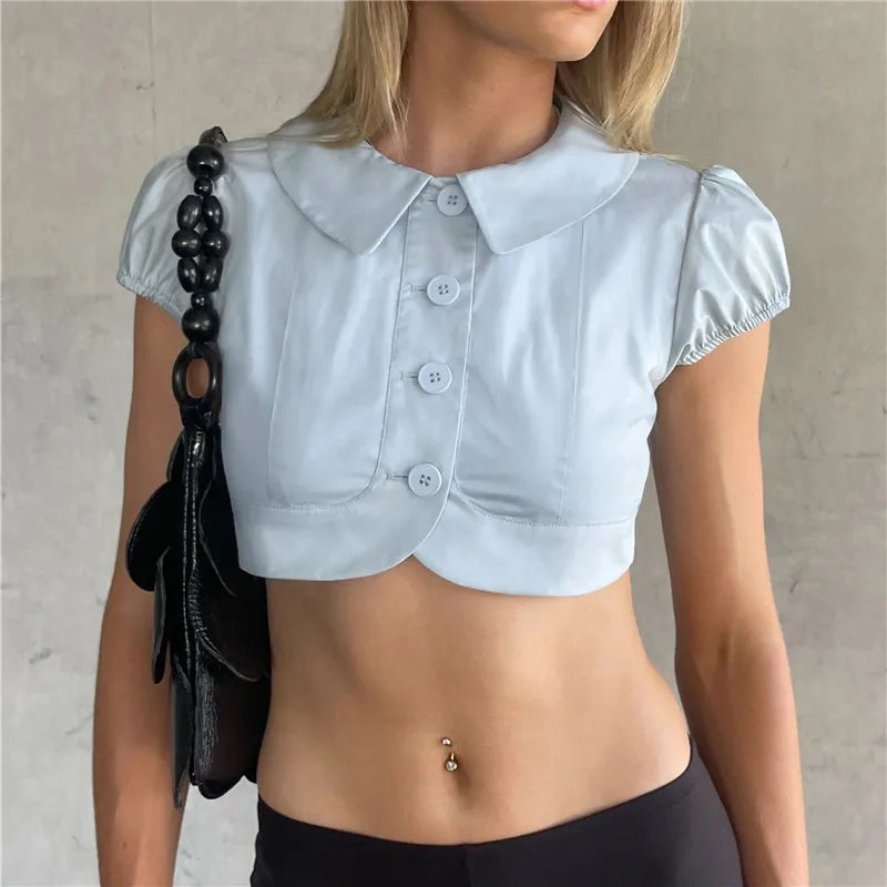 Peter Pan Collar Puff Sleeve Crop Top for Women Button Down Short Sleeve Slim Fit Crop Tee Preppy Daily Streetwear School Outfit