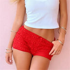 VacationGrabs Women Summer Y2K Lace Tiered Shorts Low Waist Bow Front Ruffle Hot Pants Casual Smocked Bodycon Mini Shorts