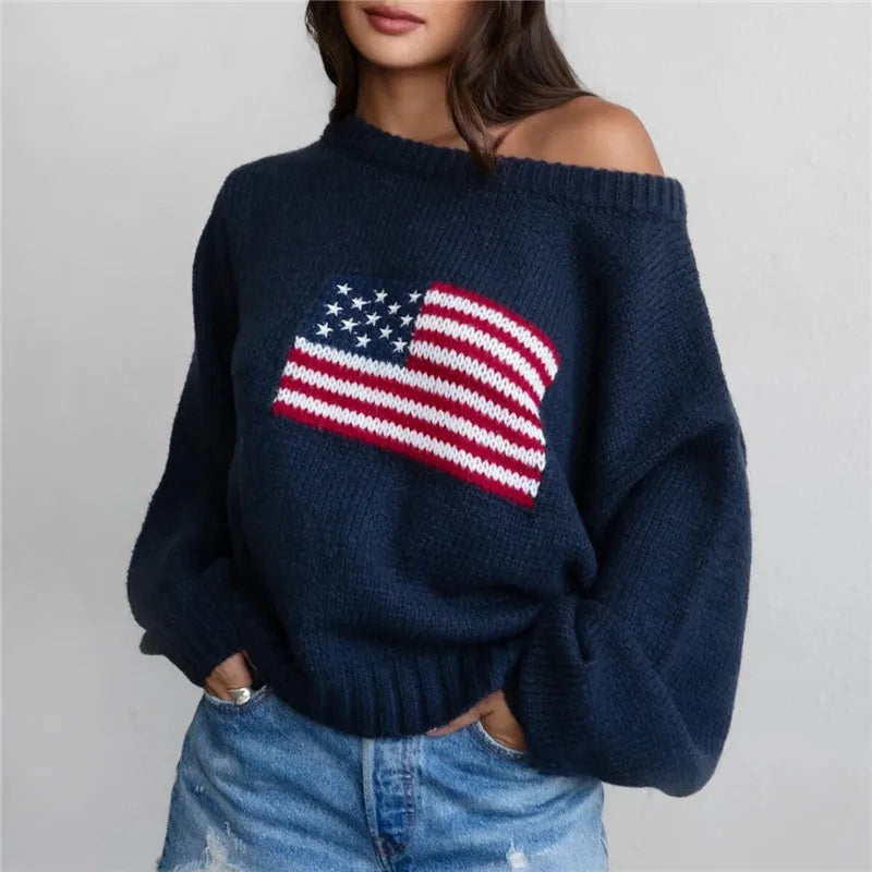 VacationGrabs Off Shoulder American Flag Knit Sweater for Women Long Sleeve Oversized Fit Casual Streetwear Pullover for Fall Winter