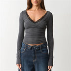 VacationGrabs Lace Trim V Neck Wrap Long Sleeve Crop Top Women Slim Ruched Solid Color Basic Layering T Shirt Autumn Going Out Blouse