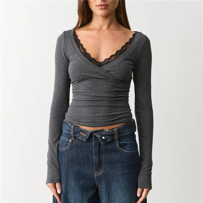 VacationGrabs Lace Trim V Neck Wrap Long Sleeve Crop Top Women Slim Ruched Solid Color Basic Layering T Shirt Autumn Going Out Blouse