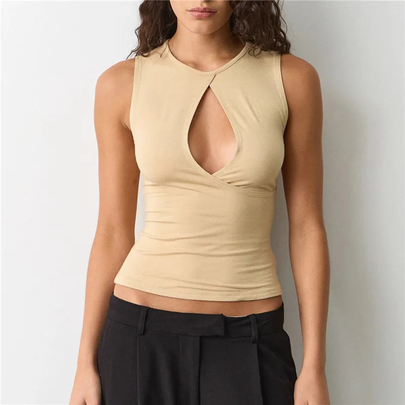 VacationGrabs Women's Summer Tank Tops Stylish Solid Color Hollow Out Design Crew Neck Sleeveless Slim Fit Vest Shirt Y2K Streetwear
