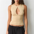 VacationGrabs Women's Summer Tank Tops Stylish Solid Color Hollow Out Design Crew Neck Sleeveless Slim Fit Vest Shirt Y2K Streetwear