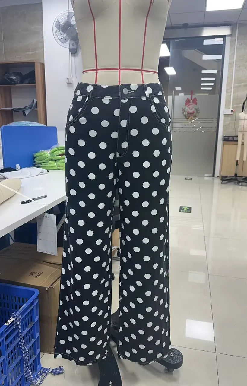 VacationGrabs Vintage American Polka Dot High Waisted Wide Leg Jeans for Women Retro Straight Leg Denim Pants Casual Streetwear