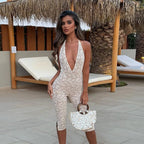 VacationGrabs Chic Women Sheer See Through Capri Bodysuit Lingerie Halter V Neck Sleeveless Open Back Slim Fit Lace Jumpsuit Romper