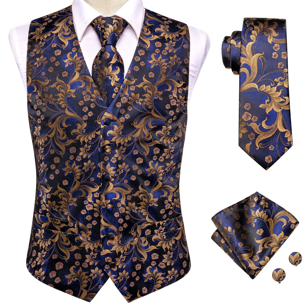 Men's blue paisley tie with matching vest and pocket square for formal occasions