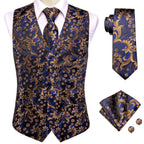 Men's blue paisley tie with matching vest and pocket square for formal occasions